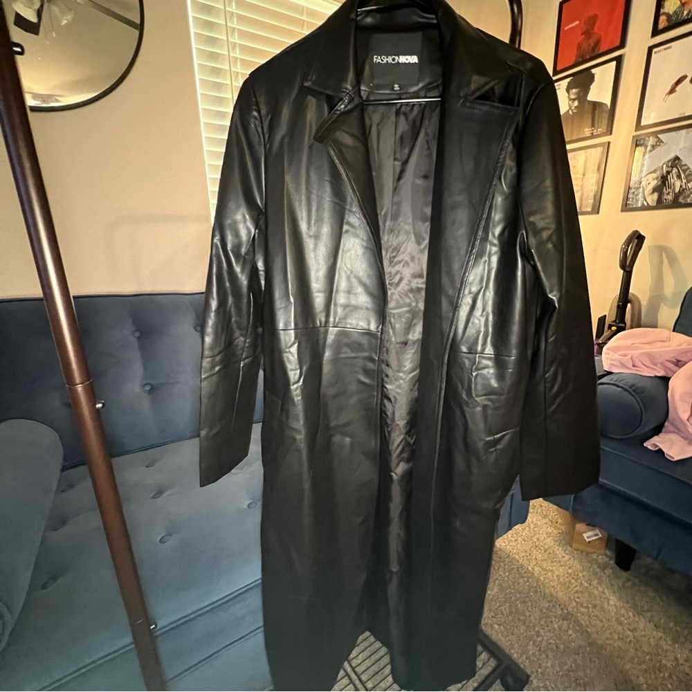 Black Faux Leather Trench Coat